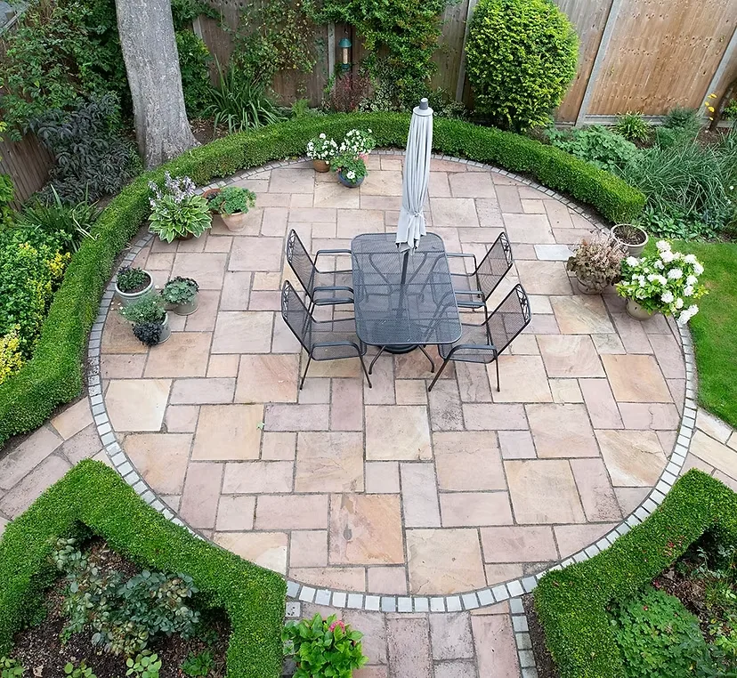 Clean circular stone patio aerial view